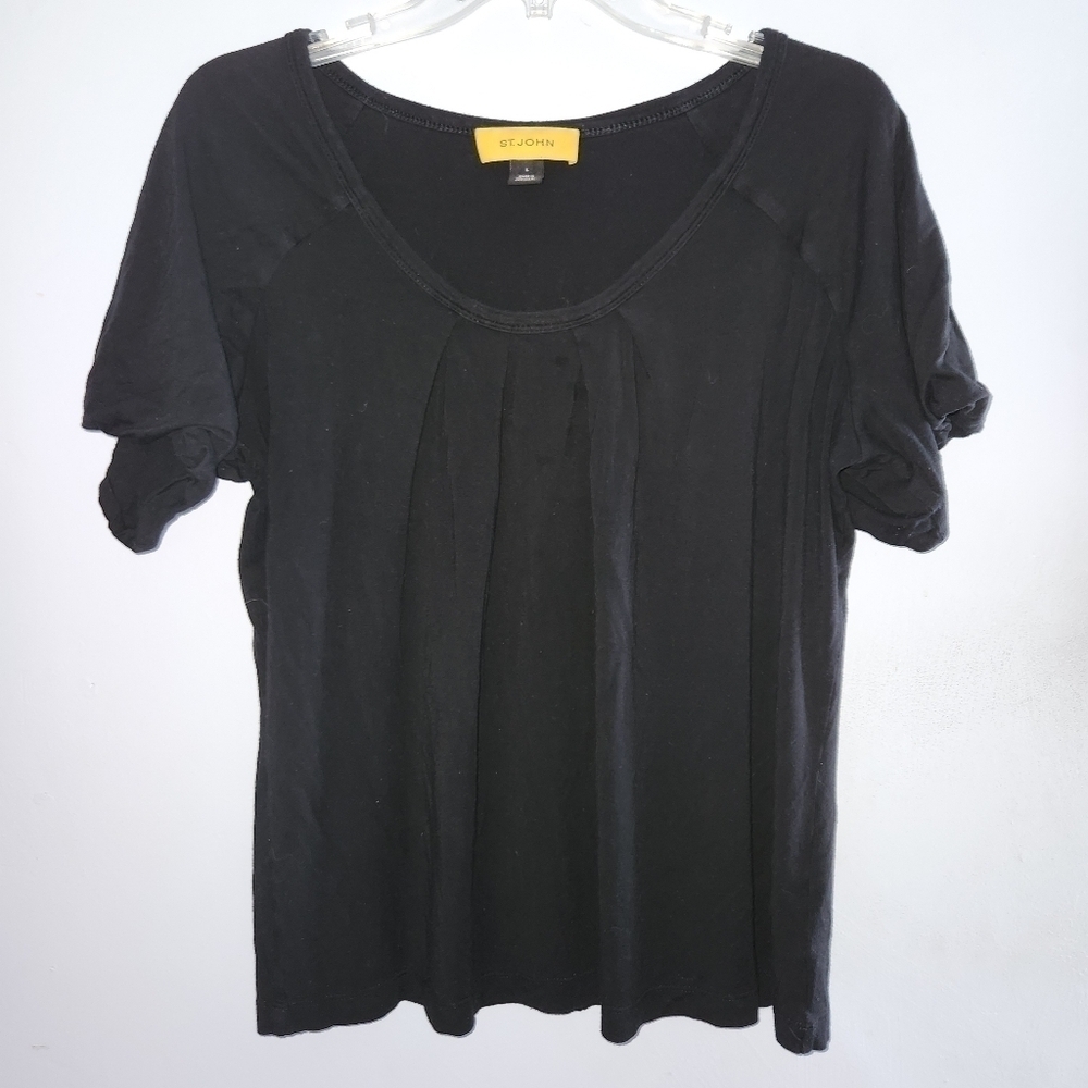 St.John Caviar Top Shirt Black Short Sleeve Blouse Stretch Pleated Scoop Neck L